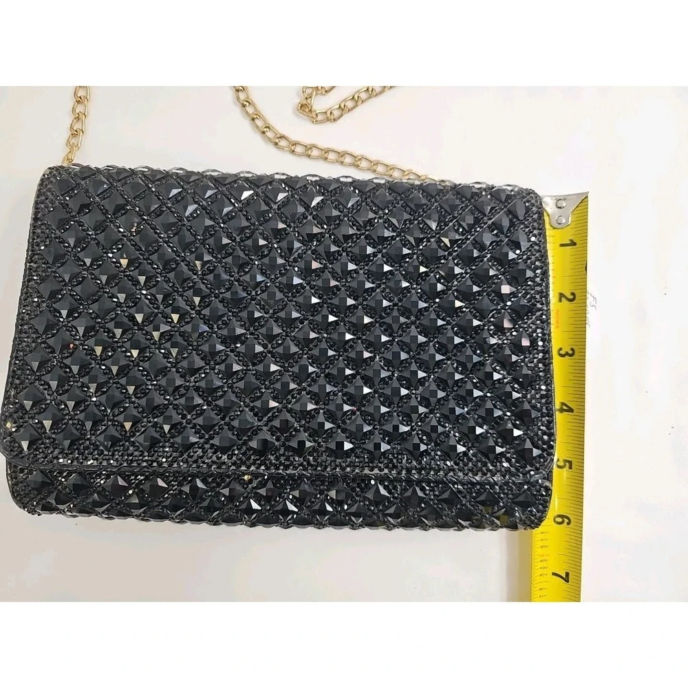 Vtg Black Evening Crossbody Bag Beaded Diamond‎ Shaped Overlay